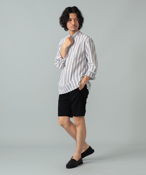 シャツ 「別注」GUY ROVER / コットンリネン ストライプ バンドカラー プルオーバーシャツ メンズの画像