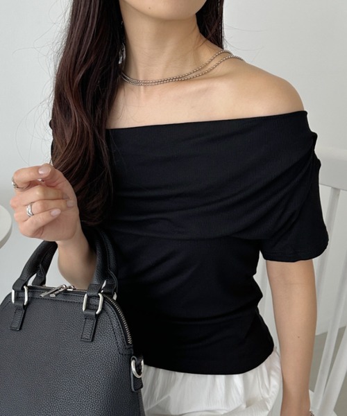 CLEA tシャツ ドレープネックオフショルダー半袖トップス レディース