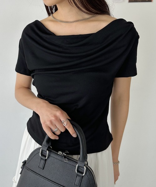 tシャツ オフショルドレープトップス レディース BLUEEAST tシャツ ドレープネックオフショルトップス レディース