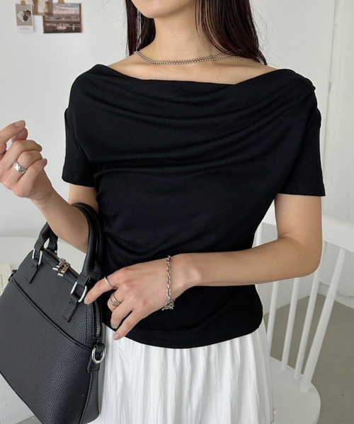 tシャツ オフショルドレープトップス レディース BLUEEAST tシャツ ドレープネックオフショルトップス レディース