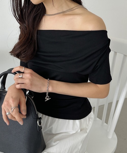 tシャツ ドレープオフショルダートップ レディース CLEA tシャツ ドレープネックオフショルダー半袖トップス