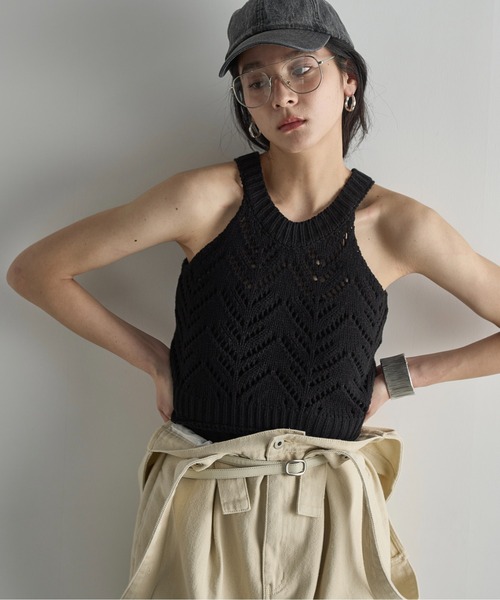 THE Yon タンクトップ ノースリーブ 針抜きジャガードアメスリ