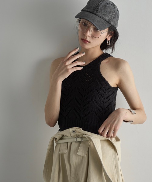 タンクトップ ノースリーブ ノースリーブジャガード切替バルーントップス レディース THE Yon タンクトップ ノースリーブ 針抜きジャガードアメスリ