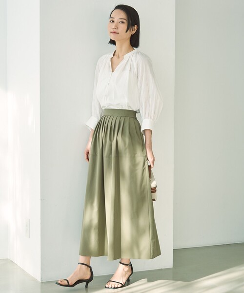 UNFILO ブラウス シャツ 「洗える」ストライプレース ギャザー