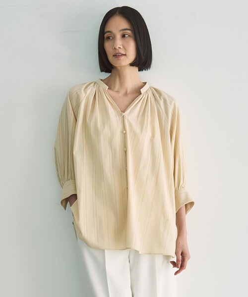 UNFILO ブラウス シャツ 「洗える」ストライプレース ギャザー