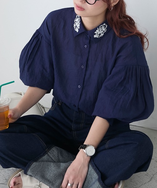 ブラウス 刺繍 シャツ ランタンスリーブ レディース フラワーモチーフ 袖刺繍 バルーンスリーブ 長袖 クラシック ラウンドネック プリーツ入り BONLECILL ブラウス シャツ 襟刺繍バルーンスリーブシアーシャツ
