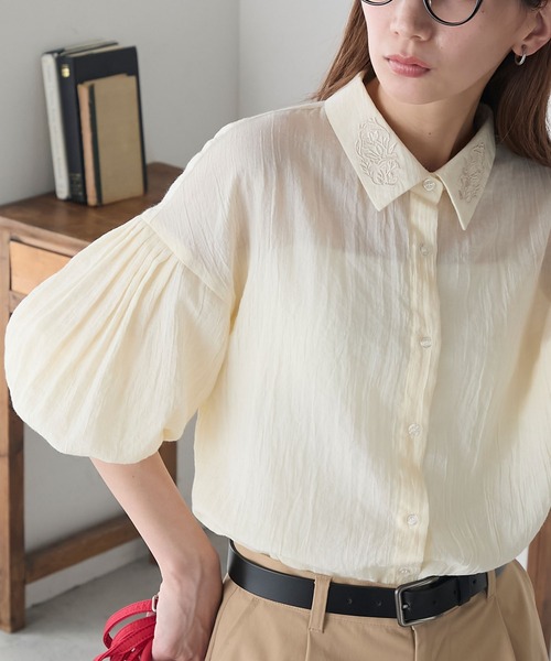 BONLECILL ブラウス シャツ 襟刺繍バルーンスリーブシアーシャツ