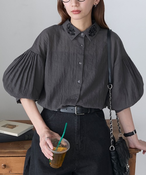 BONLECILL ブラウス シャツ 襟刺繍バルーンスリーブシアーシャツ