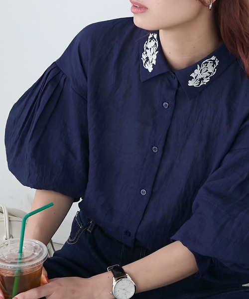 BONLECILL ブラウス シャツ 襟刺繍バルーンスリーブシアーシャツ