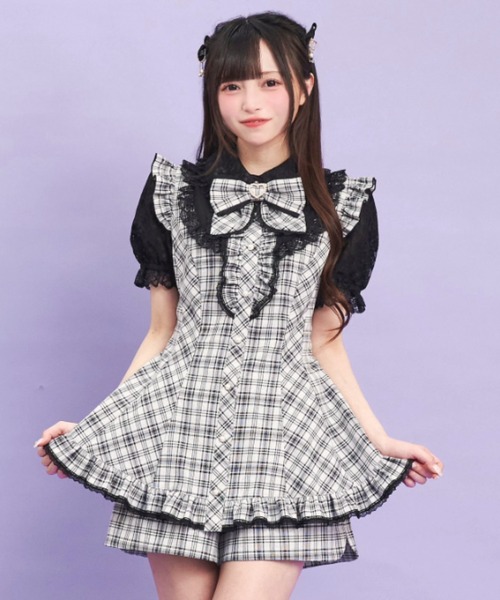 【SecretHoney】レースヨークセットアップワンピース(グレー) Secret Honey セットアップ 裾フリルレースヨークセットアップ