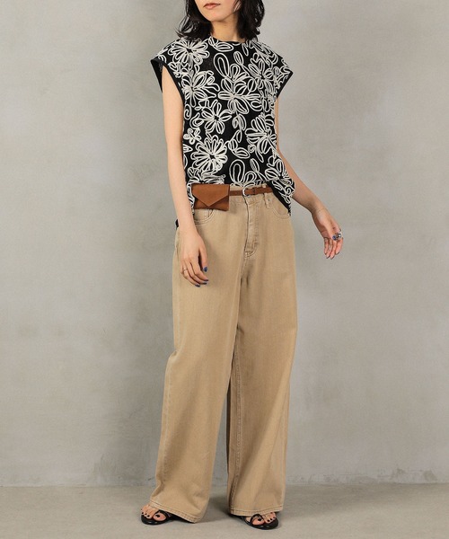 en CAnAF ブラウス シャツ コード刺繍シアーフレンチスリーブトップス