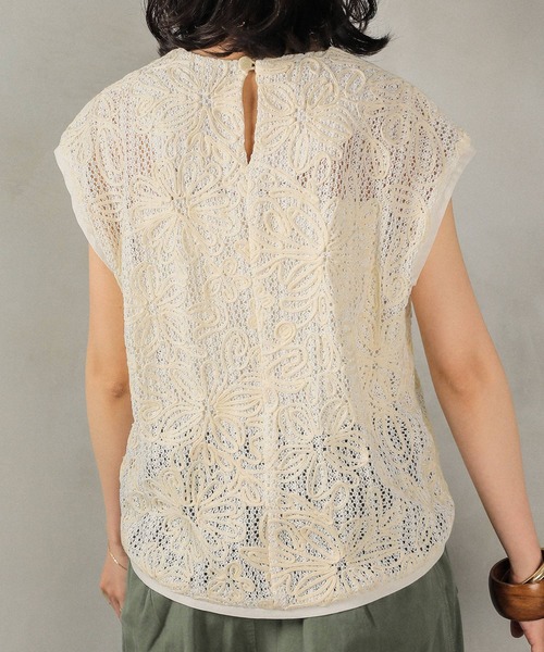 en CAnAF ブラウス シャツ コード刺繍シアーフレンチスリーブ