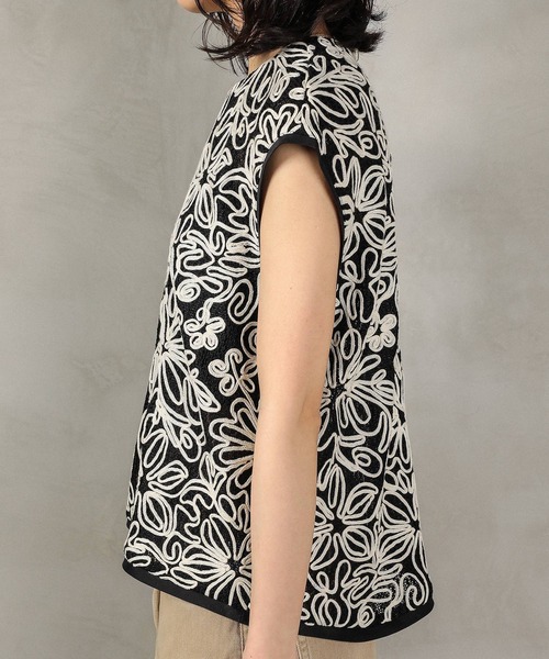 刺繍　フレンチ袖ブラウス en CAnAF ブラウス シャツ コード刺繍シアーフレンチスリーブトップス