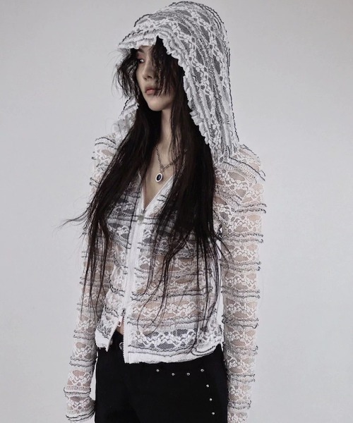 Sibra（シブラ） tシャツ フリルレース×シアー感が魅力のフーディー