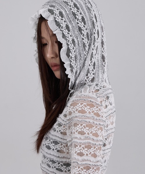 Sibra（シブラ） tシャツ フリルレース×シアー感が魅力のフーディー