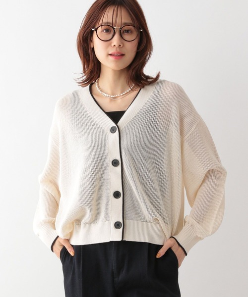 「GLOBAL WORK」 ニットカーディガン LARGE ホワイト×ブラック レディース_画像4