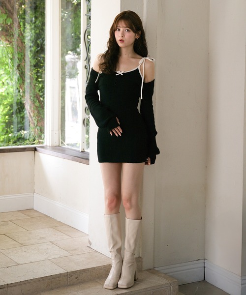 fupel ワンピース bicolor ensemble knit mini onepiece / バイカラー