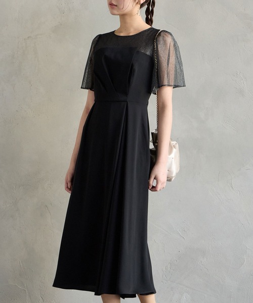 AIMER（エメ） ドレス ラメチュール×マットサテン袖付きフレア