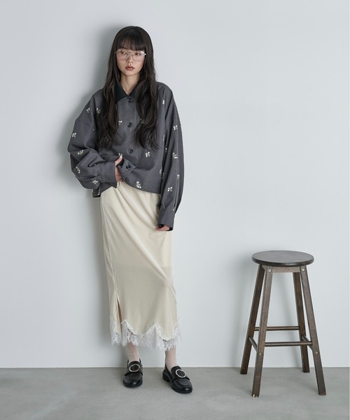 【JUSGLITTY】レースヘムドットナロースカート THE Yon スカート レースヘムベロアナロースカート : ZOZOTOWN Yahoo