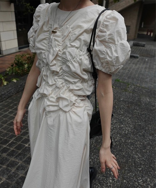 Ameri（アメリ） ワンピース 夏 半袖 BUMPY GATHER FLARE DRESS