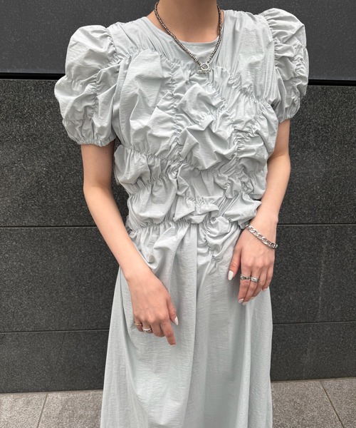 Ameri（アメリ） ワンピース BUMPY GATHER FLARE DRESS : ZOZOTOWN