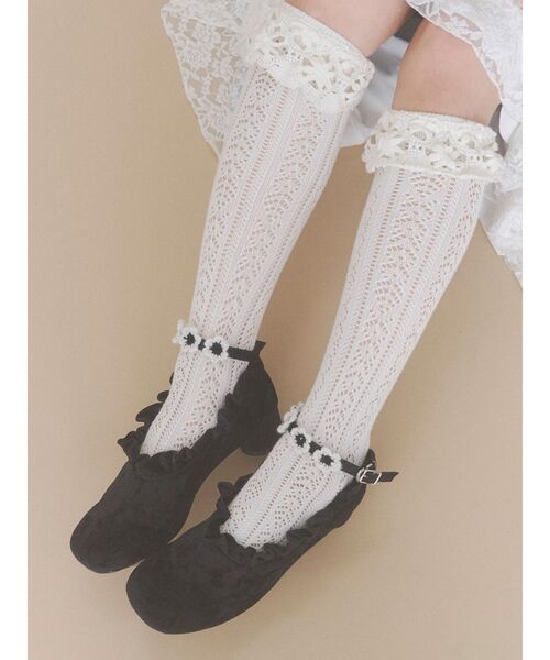 ハイソックス 靴下 靴下屋×merry jenny flower lace knit sock レディース | merry jenny