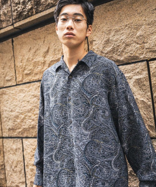 古着 レトロ 総柄 プルオーバーシャツ 柄シャツ 襟リブ 裾リブ ブラック 黒 niko and…（ニコアンド） シャツ 総柄プリント開襟シャツ メンズ