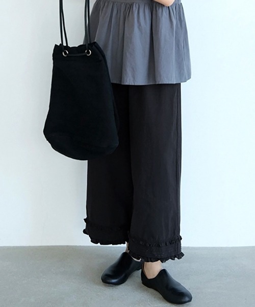 ワイドパンツ パンツ 裾フリルコットンワイドパンツ レディース