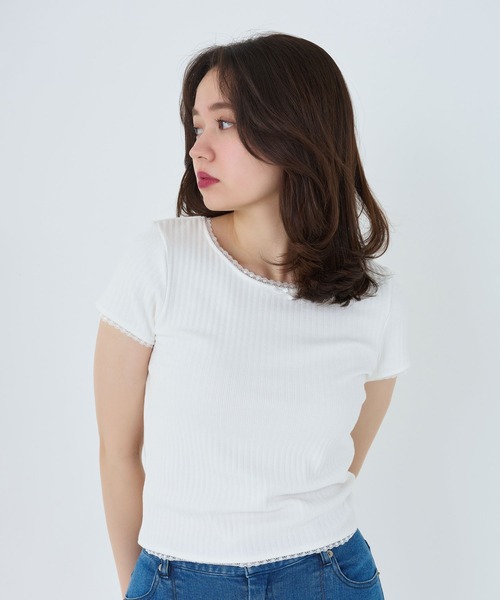 tシャツ レース付き 半袖リブカットソー TINA：JOJUN レディース