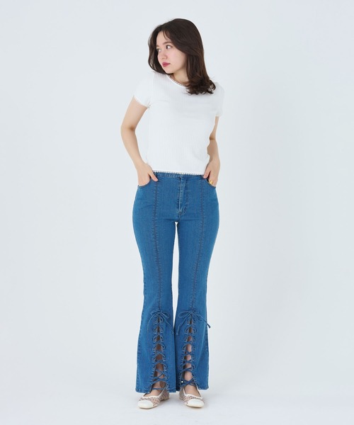 tシャツ レース付き 半袖リブカットソー TINA：JOJUN レディース TINA：JOJUN tシャツ レース付き 半袖リブカットソー レディース