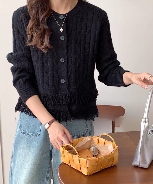 deux amour カーディガン すそフリンジケーブルニットカーデ