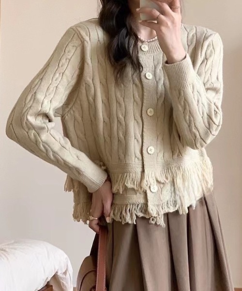 deux amour カーディガン すそフリンジケーブルニットカーデ