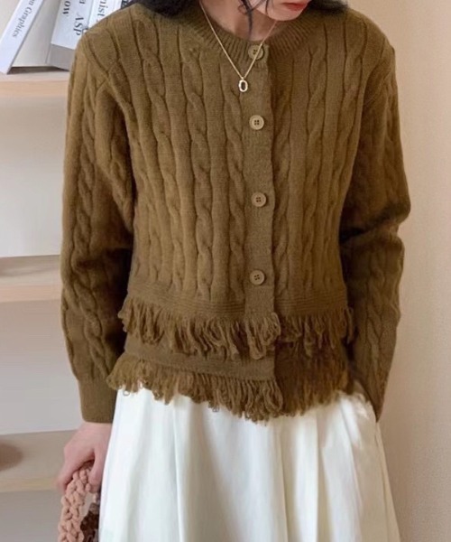 deux amour カーディガン すそフリンジケーブルニットカーデ