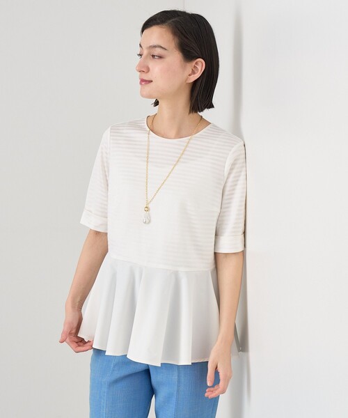 ANAYI tシャツ ボーダーサテンペプラムプルオーバー レディース