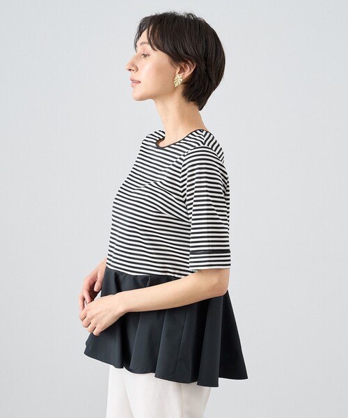 ANAYI tシャツ ボーダーサテンペプラムプルオーバー レディース