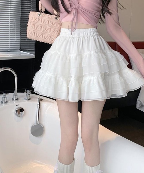 スカート 「インパン付」フレア レースティアードフリルミニ