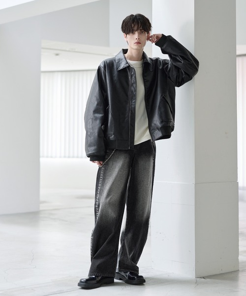 中綿入り　ヴィンテージPU合皮ショート丈ブルゾン ASTRONOMY ブルゾン アウター 中綿入り ヴィンテージPU合皮ショート丈