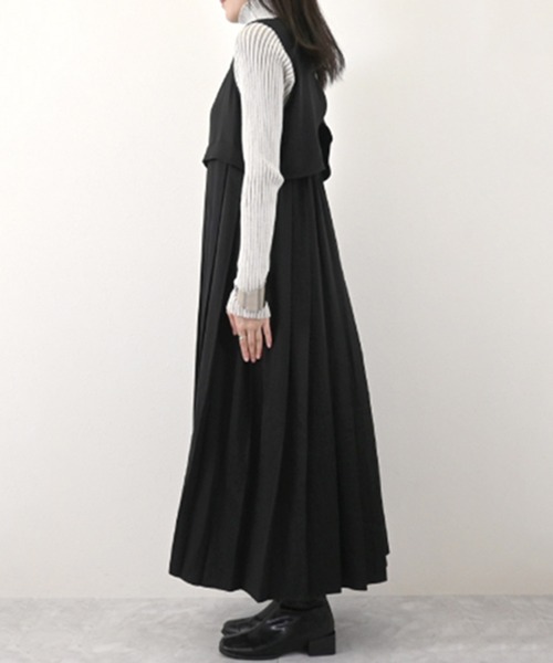 ブラック プリーツ ノースリーブ ワンピース STYLEBLOCK ワンピース ツイルノースリーブプリーツワンピース