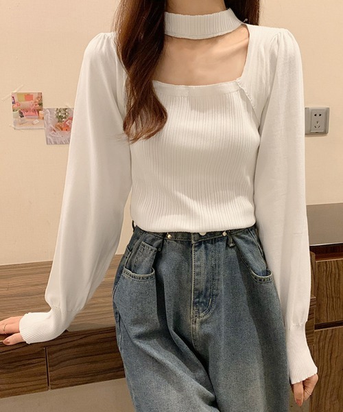 レディース 韓国 トップス ニット ロングセーター スリット c570 miniministore ニット セーター チョーカー風 リブニット