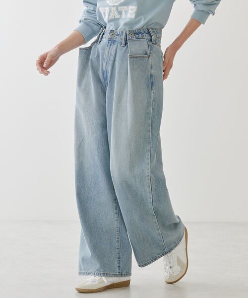 ワイドパンツ ジーンズ ウォッシュデニム アメリカン レトロ AMERICAN HOLIC ジーンズ デニム デニムパンツ タックワイド