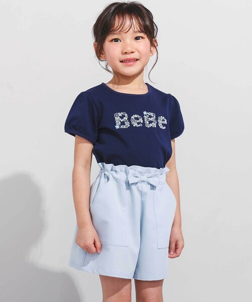 ♡bebe♡　0418 BeBe（ベベ） tシャツ 「WEB限定」発泡プリントお花ロゴ天竺半袖T