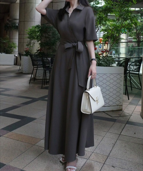 MaxMara カシュクールワンピース 総柄 ウエストマーク ブラック JUNOAH（ジュノア） ワンピース 半袖 ウエストマークカシュクール