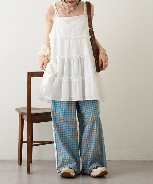 w closet パンツ チェックレースラインパンツ レディース