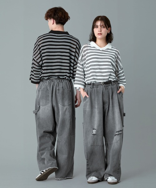 オリジナルペイント入りダメージデニムパンツ RUUBON ジーンズ 「RUUBON」painter curve damage denim pants