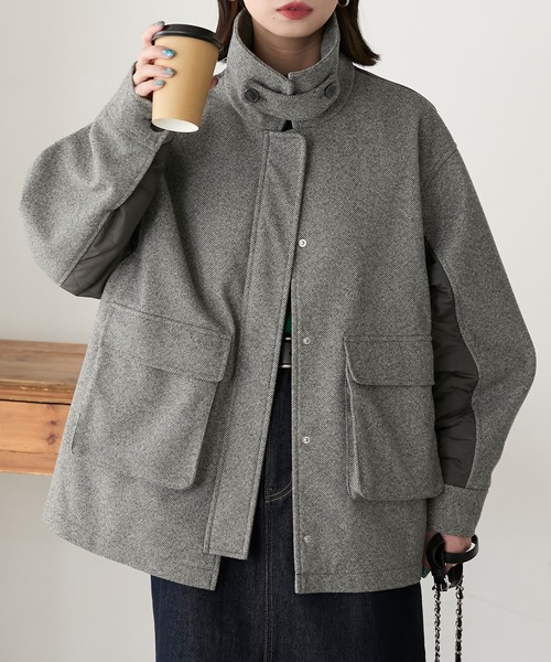 45R ウールジャケット　グレー　圧縮ウール　ヘリンボーン　アウター　2 セール】【CALLNE】 Woolblend Herringbone Double Jacket / ウール