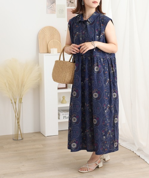 ワンピース EMAGO レモンとオレンジ総柄刺繍ワンピース Emago コットン