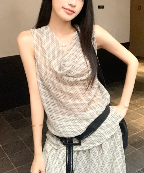 ブラウス シャツ ドレープネックイレギュラーチェックノースリトップス レディース