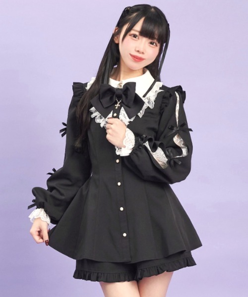 Secret Honey セットアップ 袖スリットレースフリルセットアップ