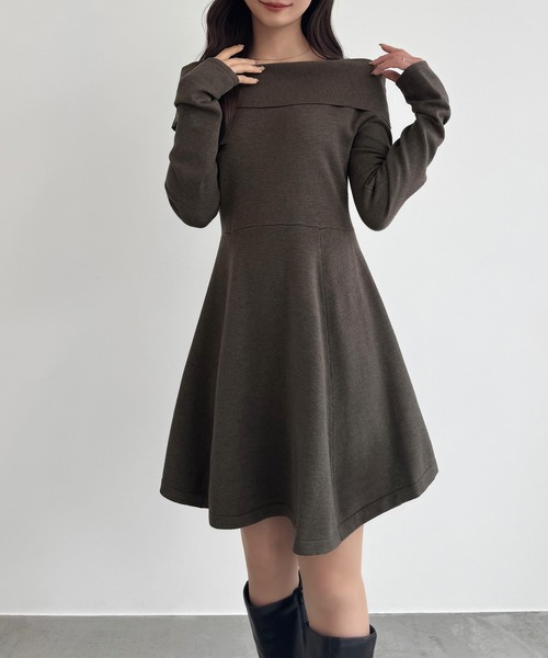 CENEA ワンピース オフショル風スクエアネックミニニットワンピ