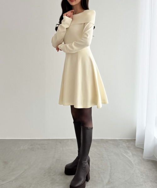 CENEA ワンピース オフショル風スクエアネックミニニットワンピ　モカ　S CENEA（セネア） ワンピース オフショル風スクエアネックミニニット